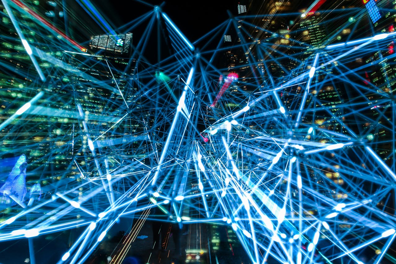 The Art of Drawing Readers In: Your attractive post title goes here Dynamic urban scene showcasing interconnected light trails representing digital communication networks.