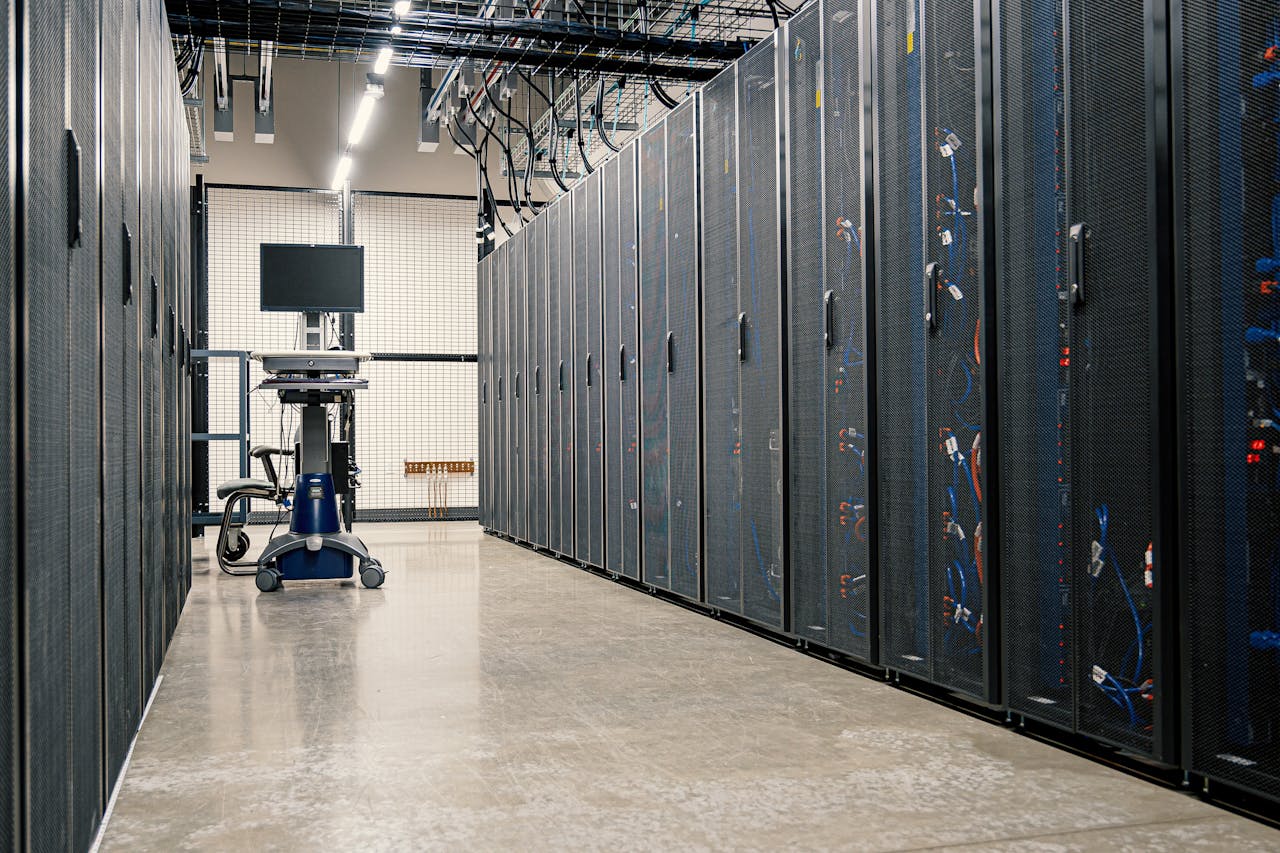 Services Steel framework cabinets housing servers networking devices and cables in contemporary equipped data center